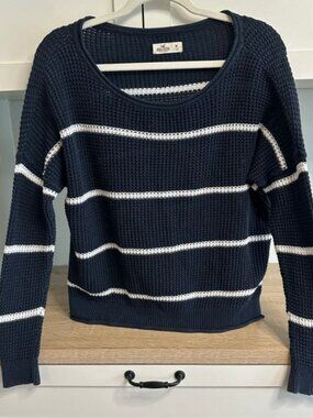 Hollister Womens Navy Blue White Striped Waffle Knit Scoop Neck Sweater Medium